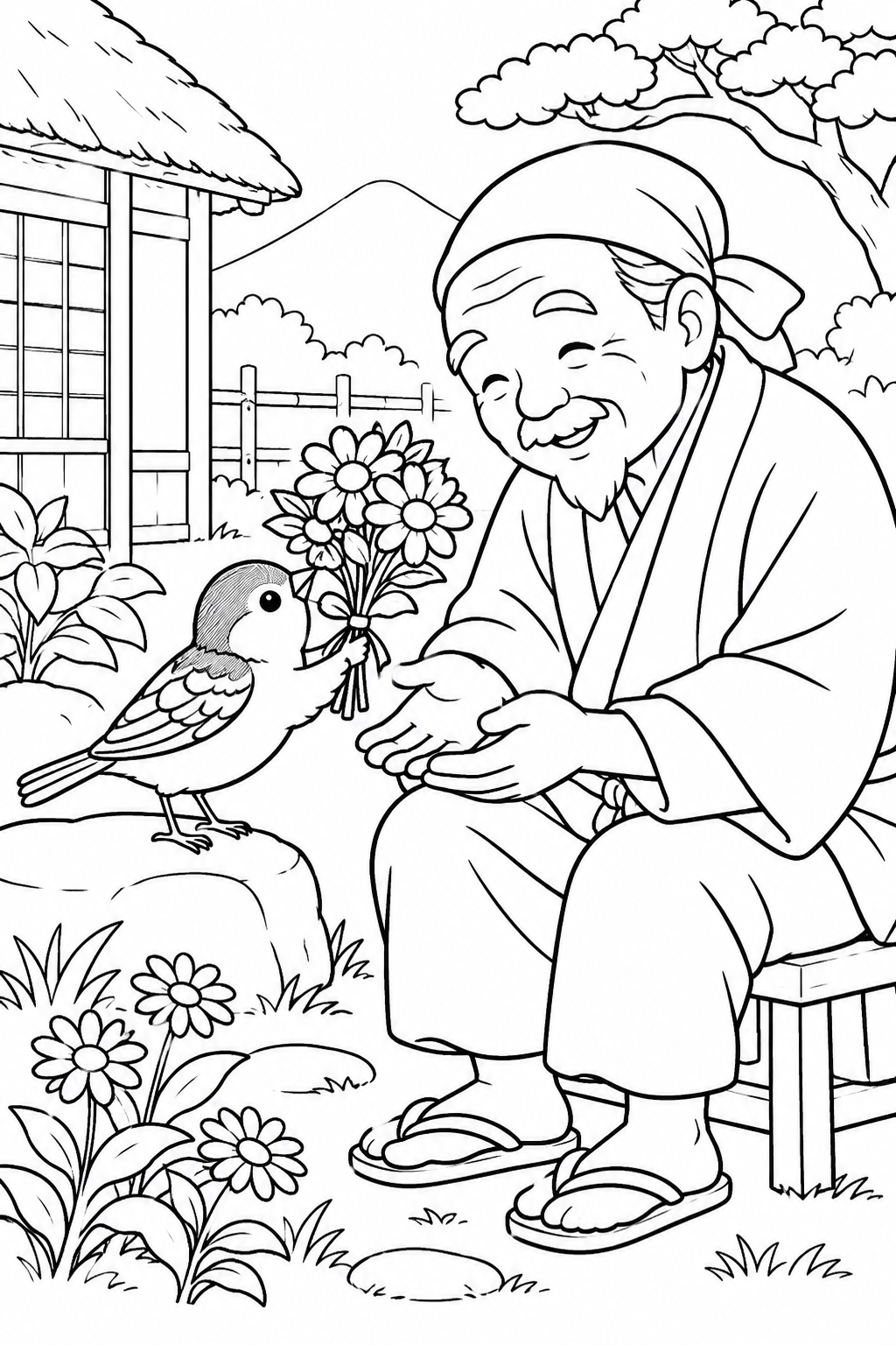 したきりすずめ:おじいさんへ野の花をどうぞの塗り絵