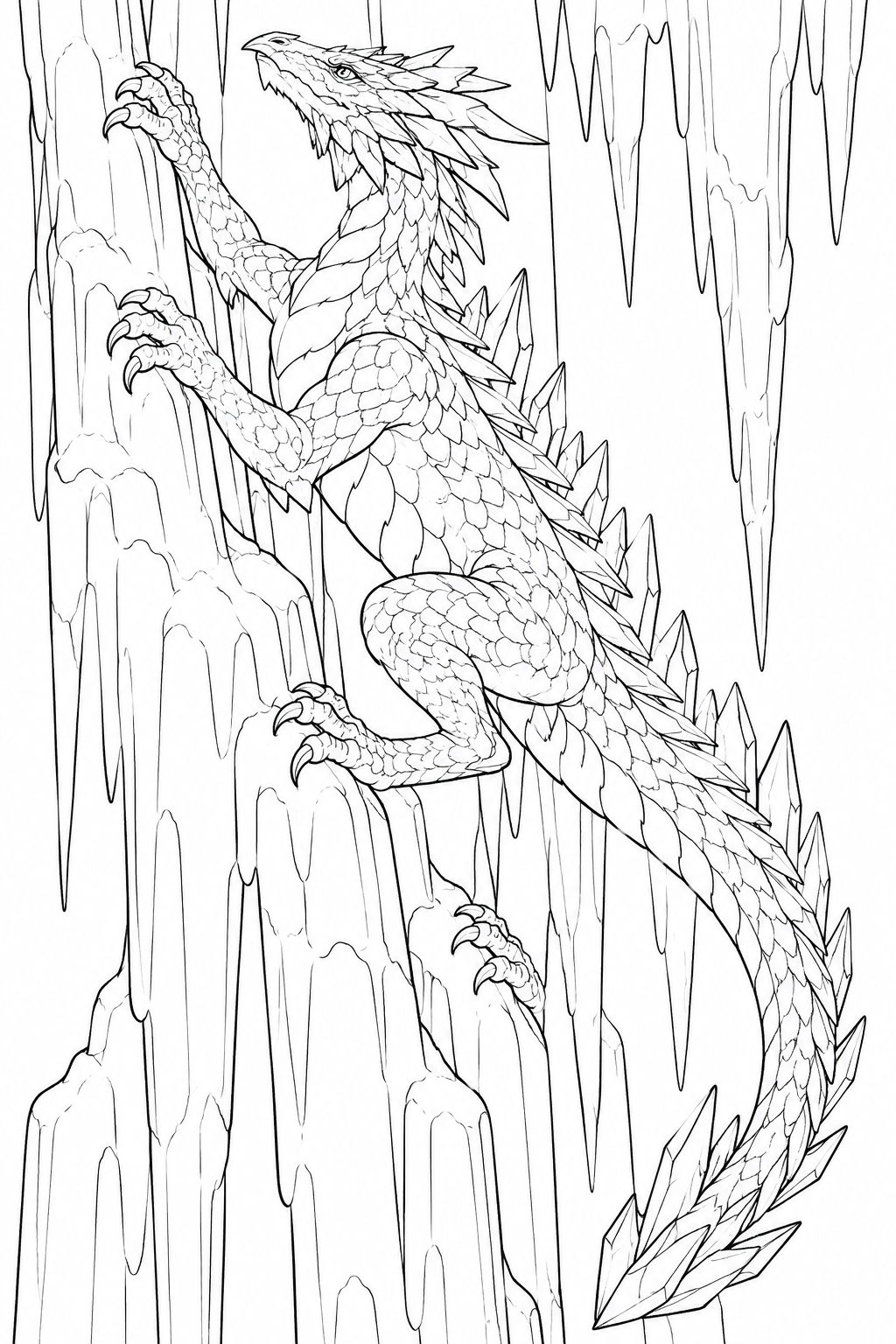 Desenho de Dragão escalando uma cachoeira congelada para colorir