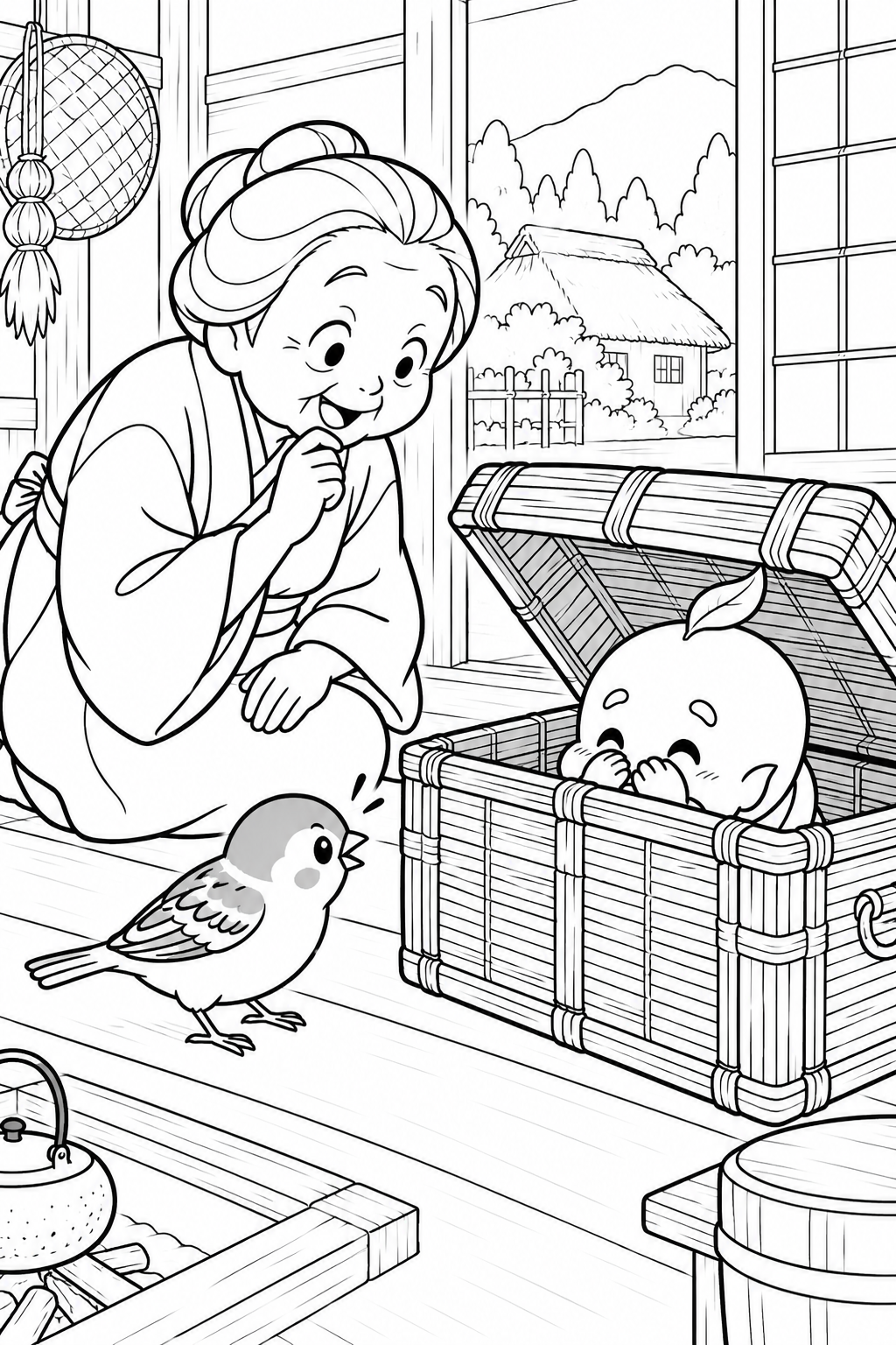 Dibujo de El gorrión de la lengua cortada — Un fantasma tímido intenta dar un susto para colorear