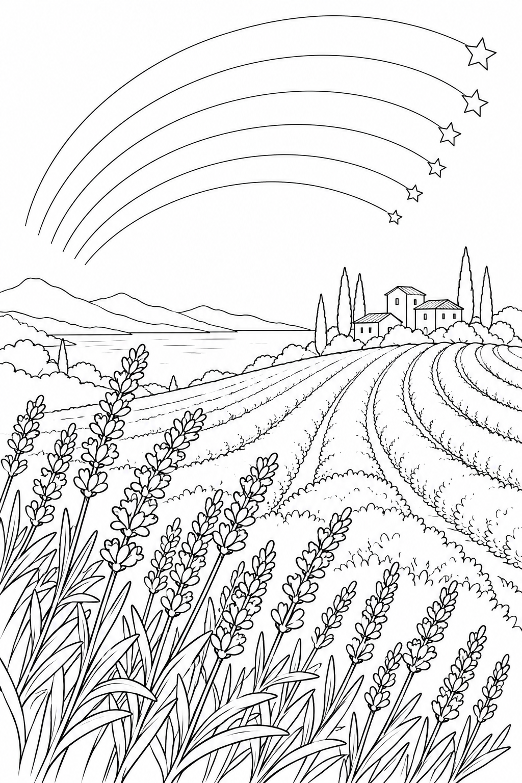 ラベンダーの丘と星の軌跡の塗り絵