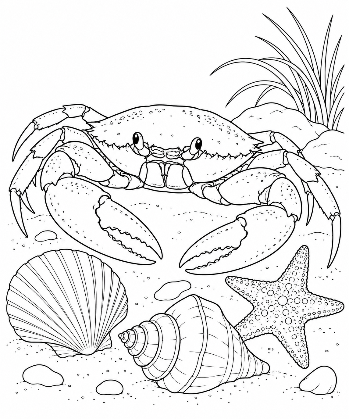 観察スケッチ:カニと浜辺の貝殻の塗り絵