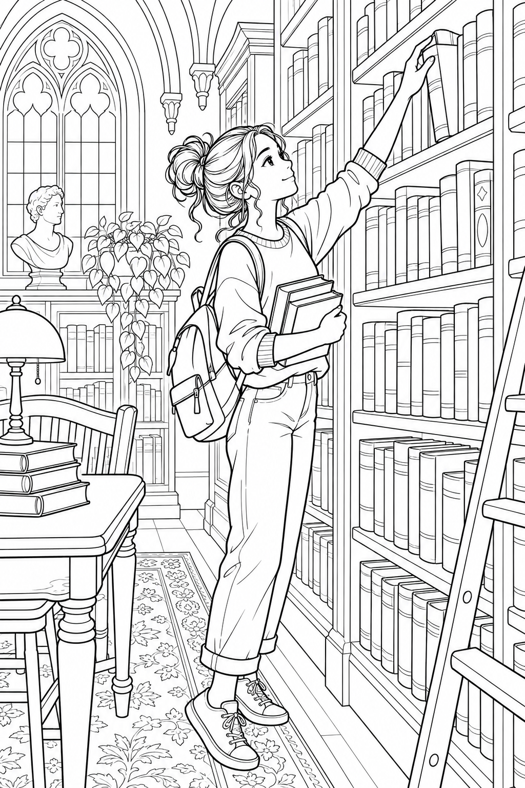 古い図書館で本を選ぶ学生の塗り絵