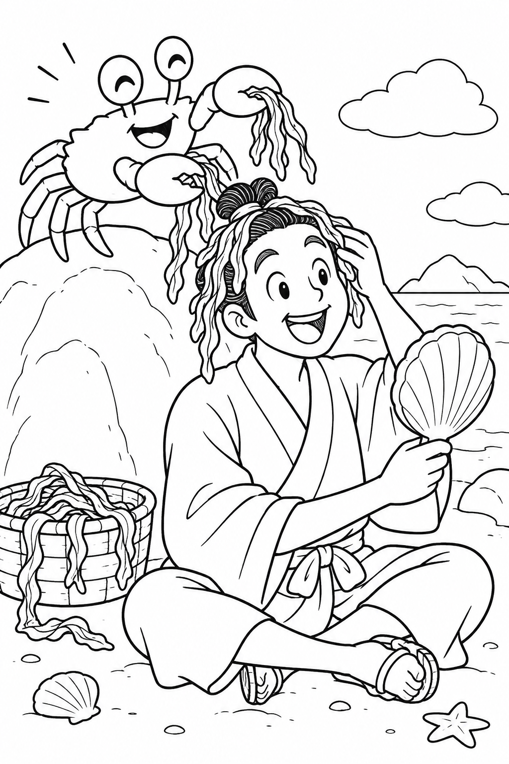 浦島太郎:カニ床屋の海藻ヘア(ギャグ)の塗り絵