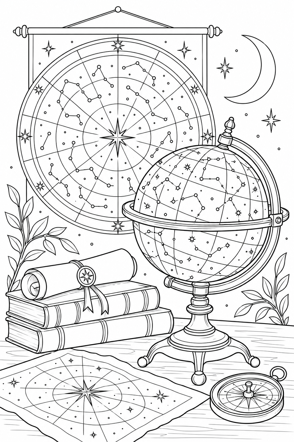 星図と真鍮の天球儀の塗り絵