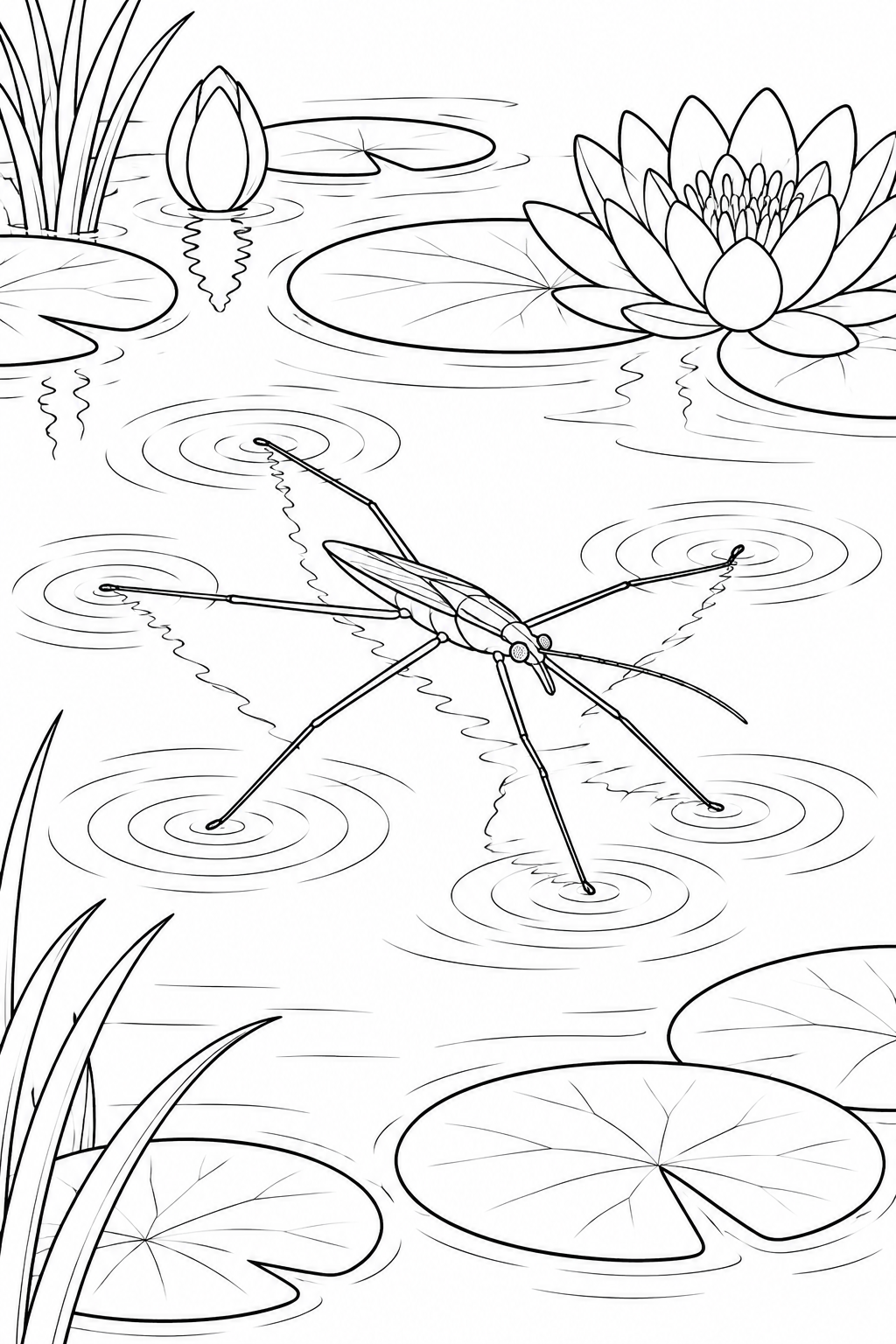 水面を滑るアメンボと波紋の塗り絵