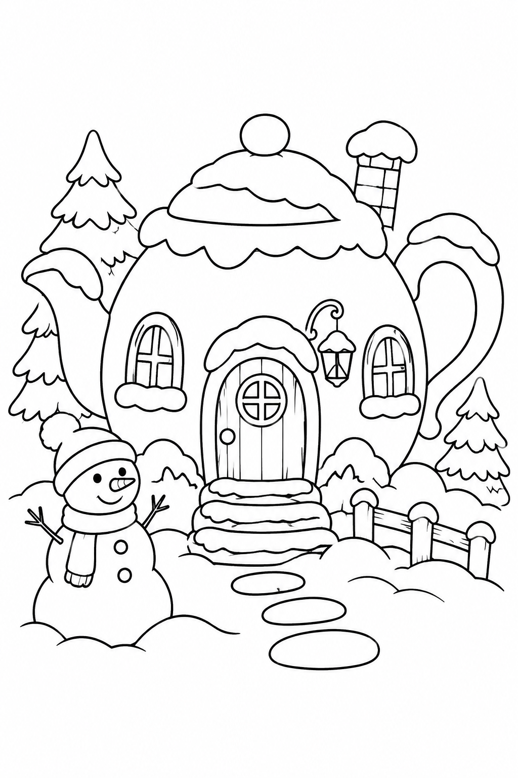 ティーポットのおうちの雪の日の塗り絵