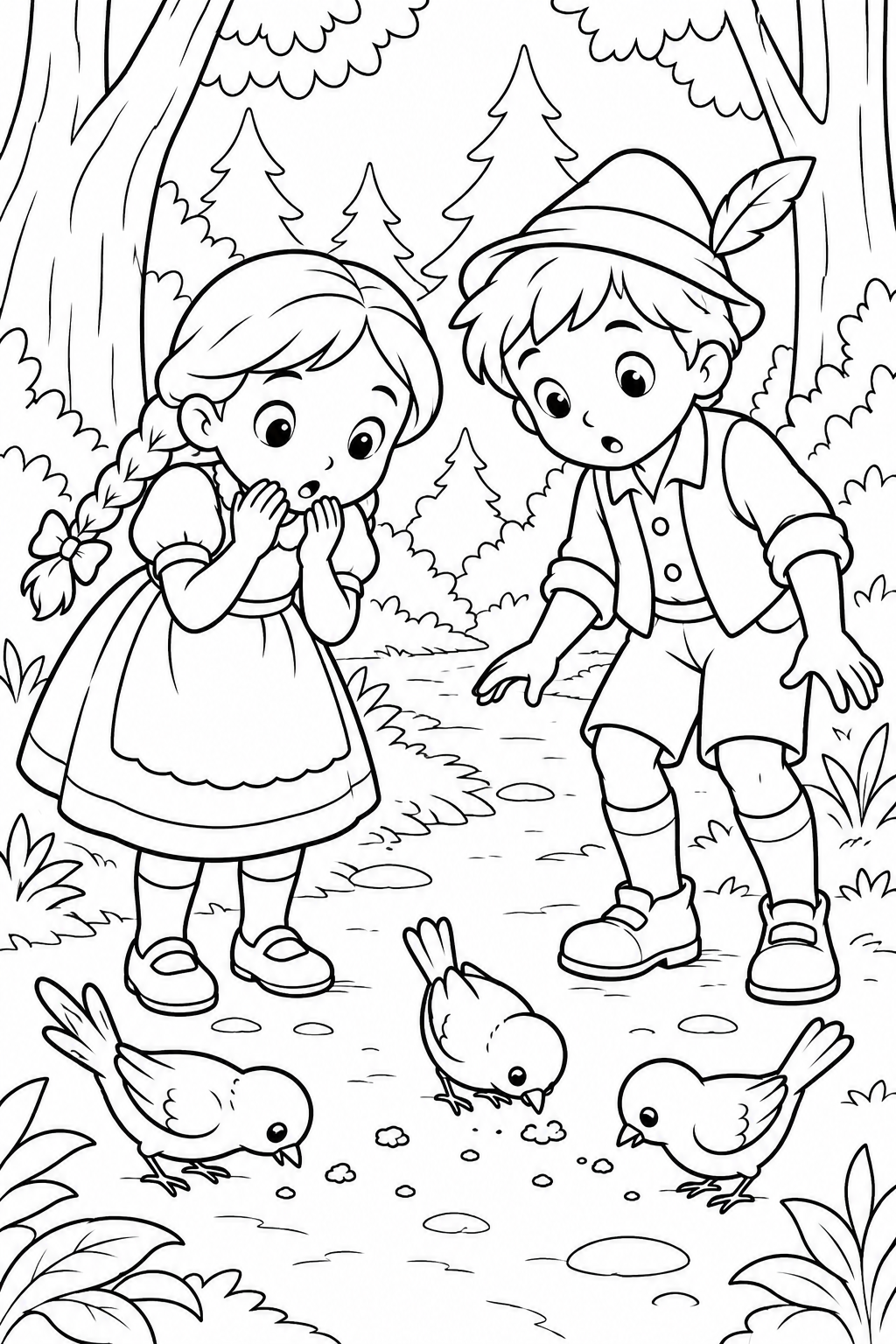 Hansel and Gretel：Birds pecking at breadcrumbs（Cozy） coloring page