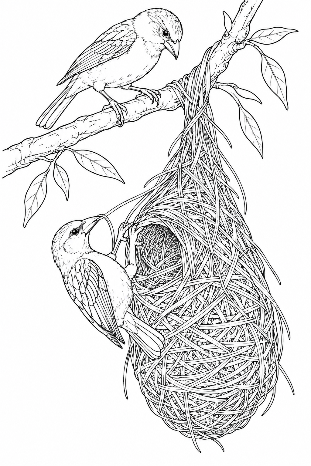 Coloriage Deux oiseaux tissant un nid