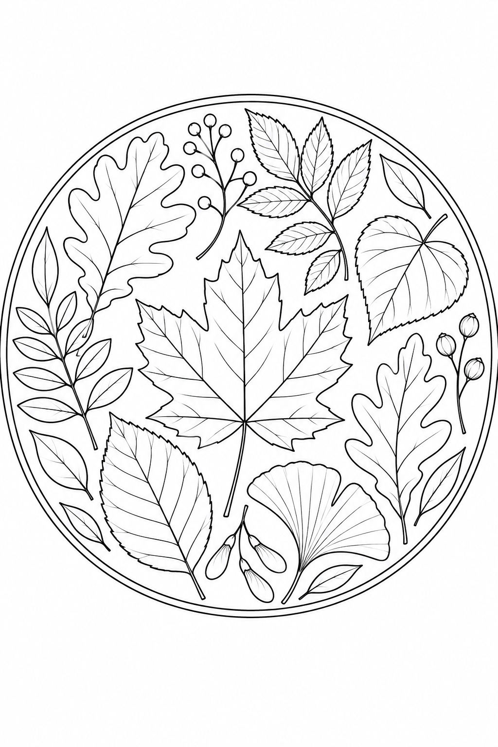 押し葉を並べた丸い額の塗り絵