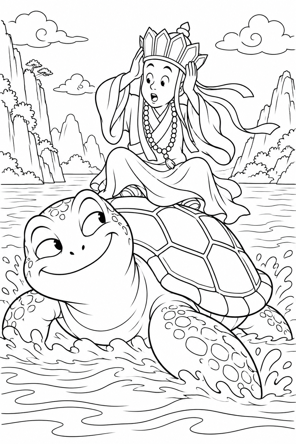 どたばた西遊記：三蔵と大きな亀の塗り絵