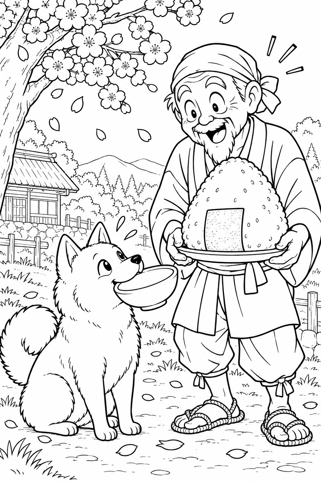 はなさかおじさん:空っぽ茶わんと大きなおにぎり(ギャグ)の塗り絵