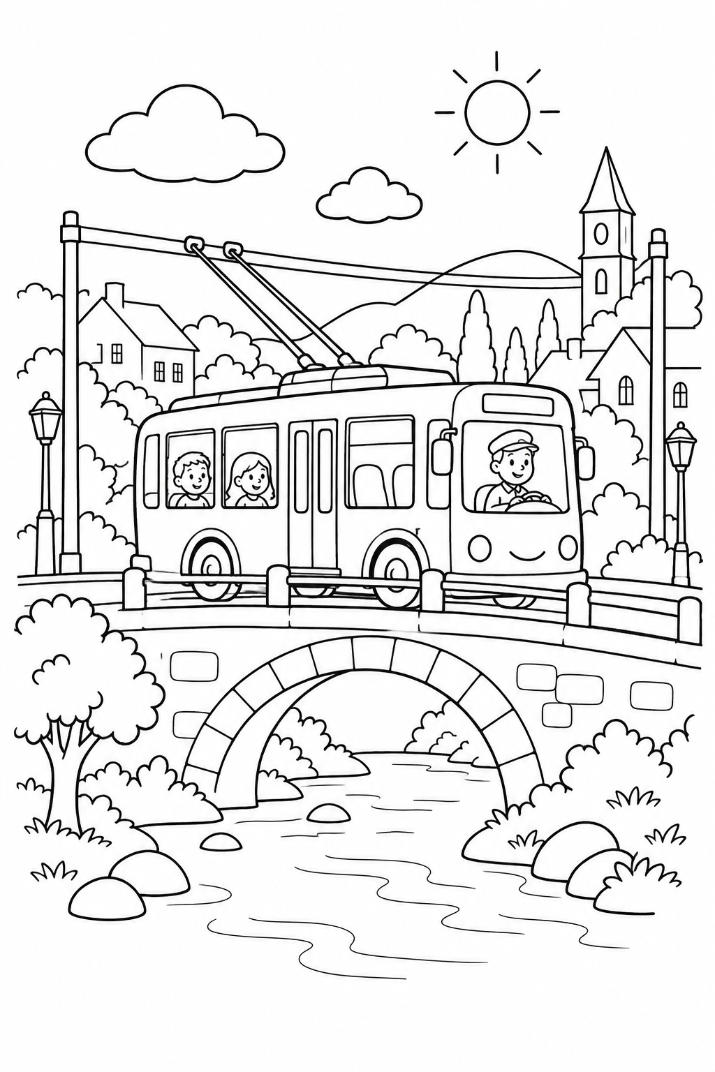 Trolleybus on a Town Bridge coloring page