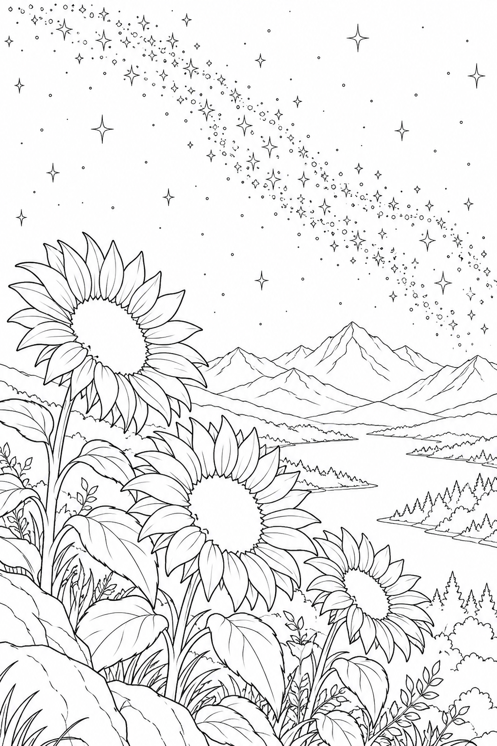 ヒマワリと遠い山並みと天の川の塗り絵