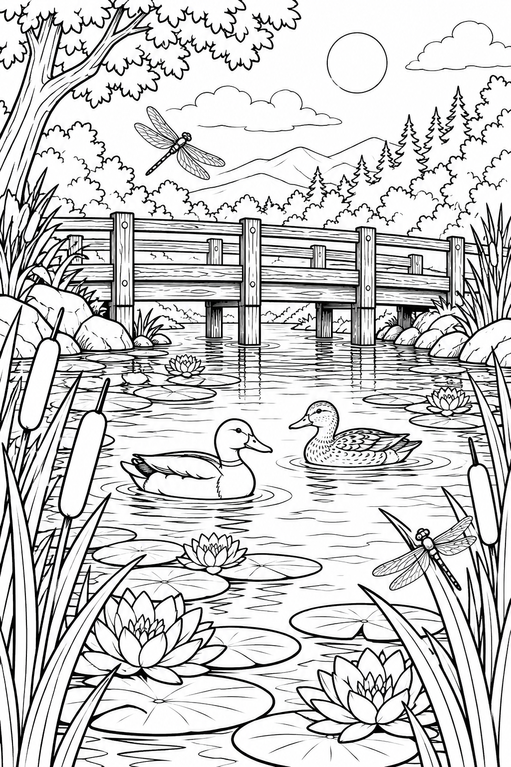 夏の小川の橋めぐりの塗り絵