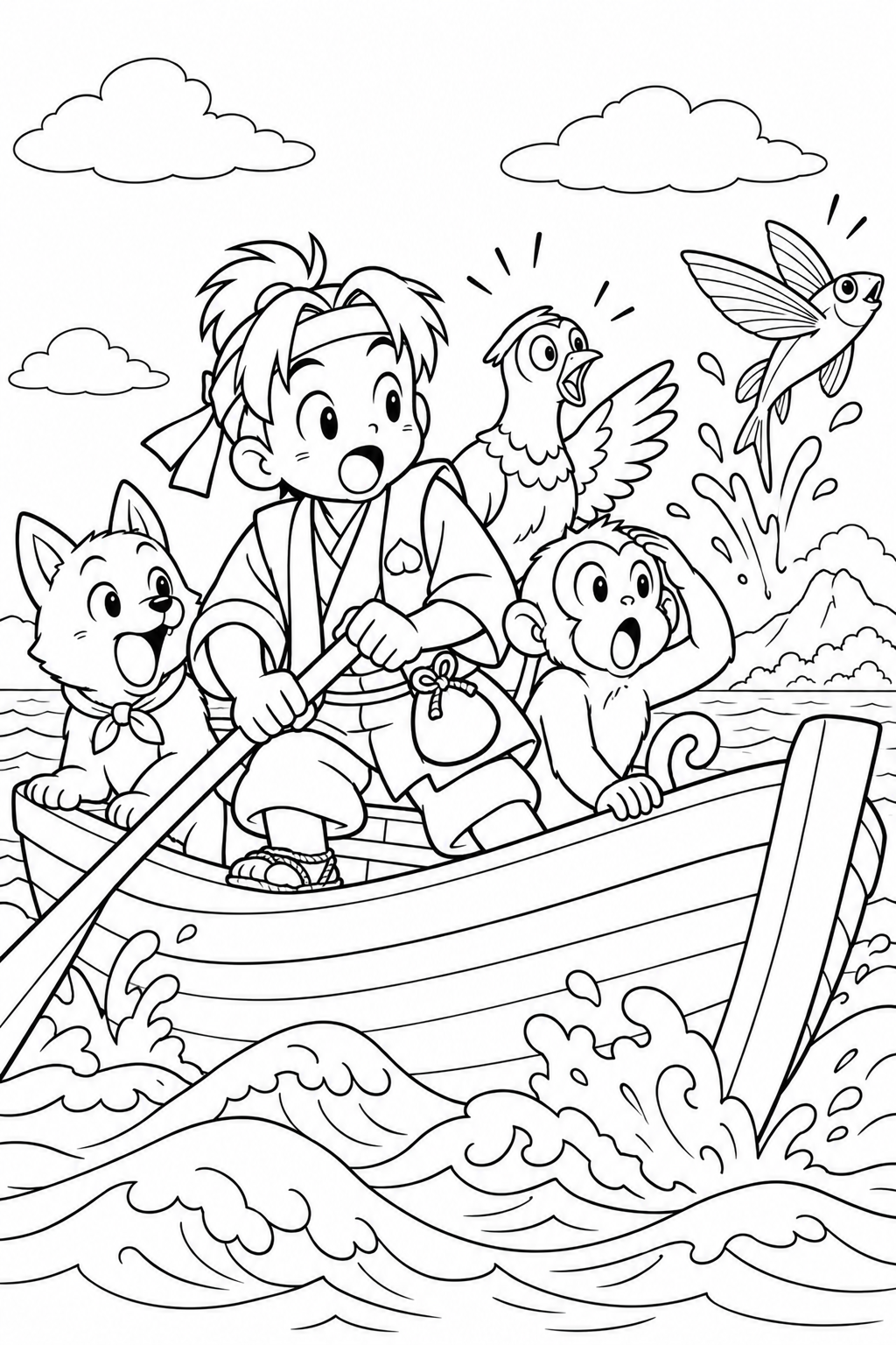 ギャグ桃太郎:桃太郎一行と波を越える舟の塗り絵