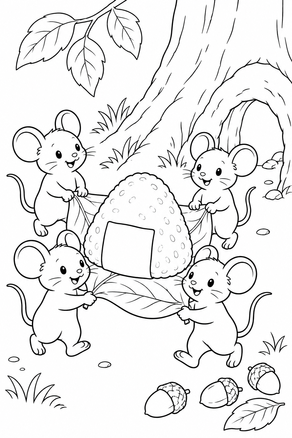 おむすびころりん・ほっこり:おむすびを運ぶねずみたちの塗り絵