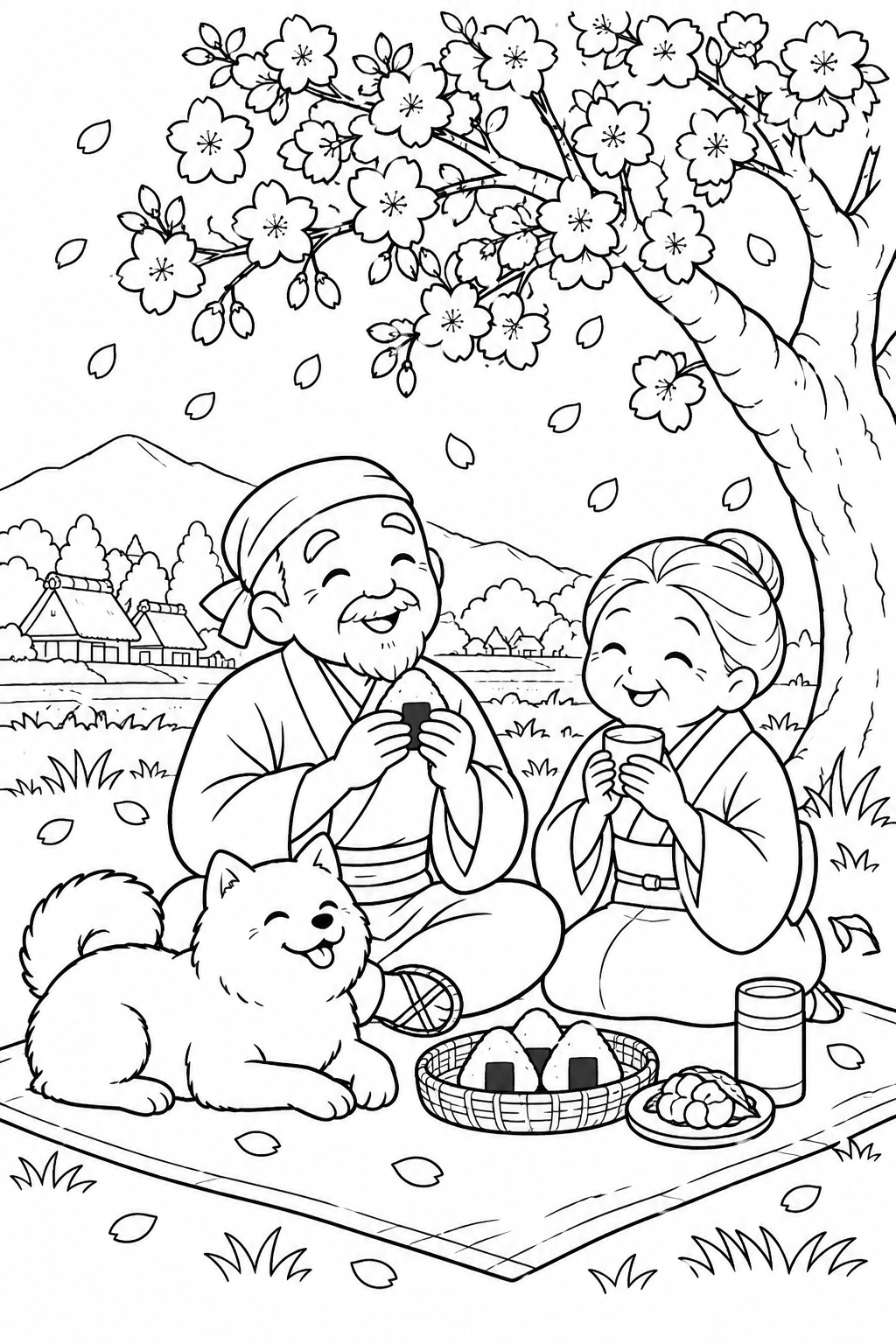 はなさかおじさん:おばあさんと桜のお茶時間(ほっこり)の塗り絵