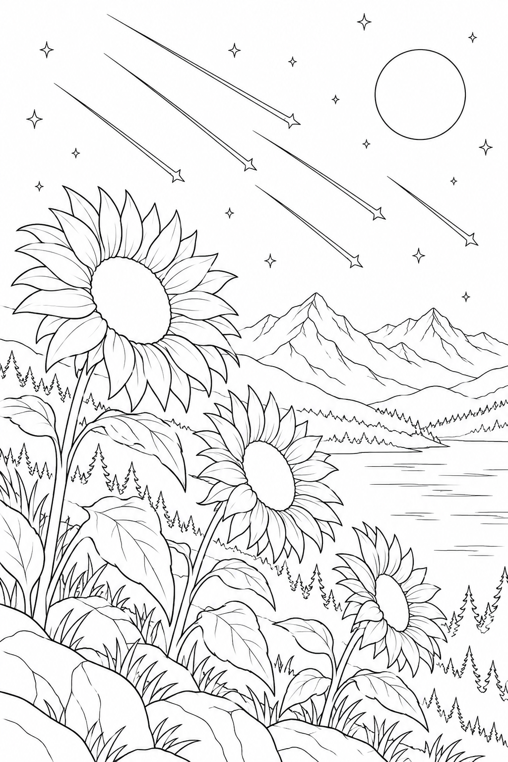 ヒマワリと遠い山並みと流星群の塗り絵
