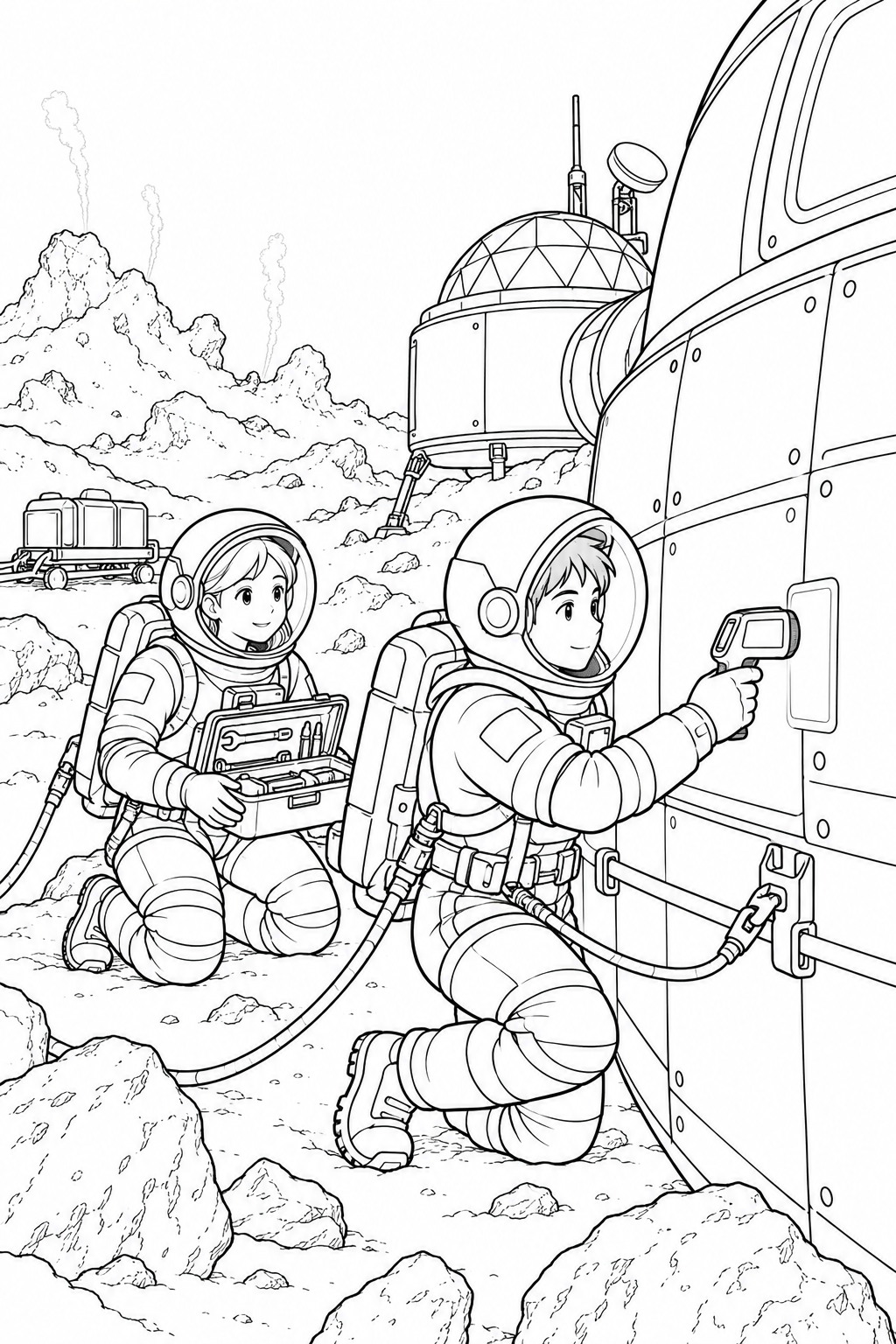 彗星の観測基地：外壁を調べる探査隊の塗り絵