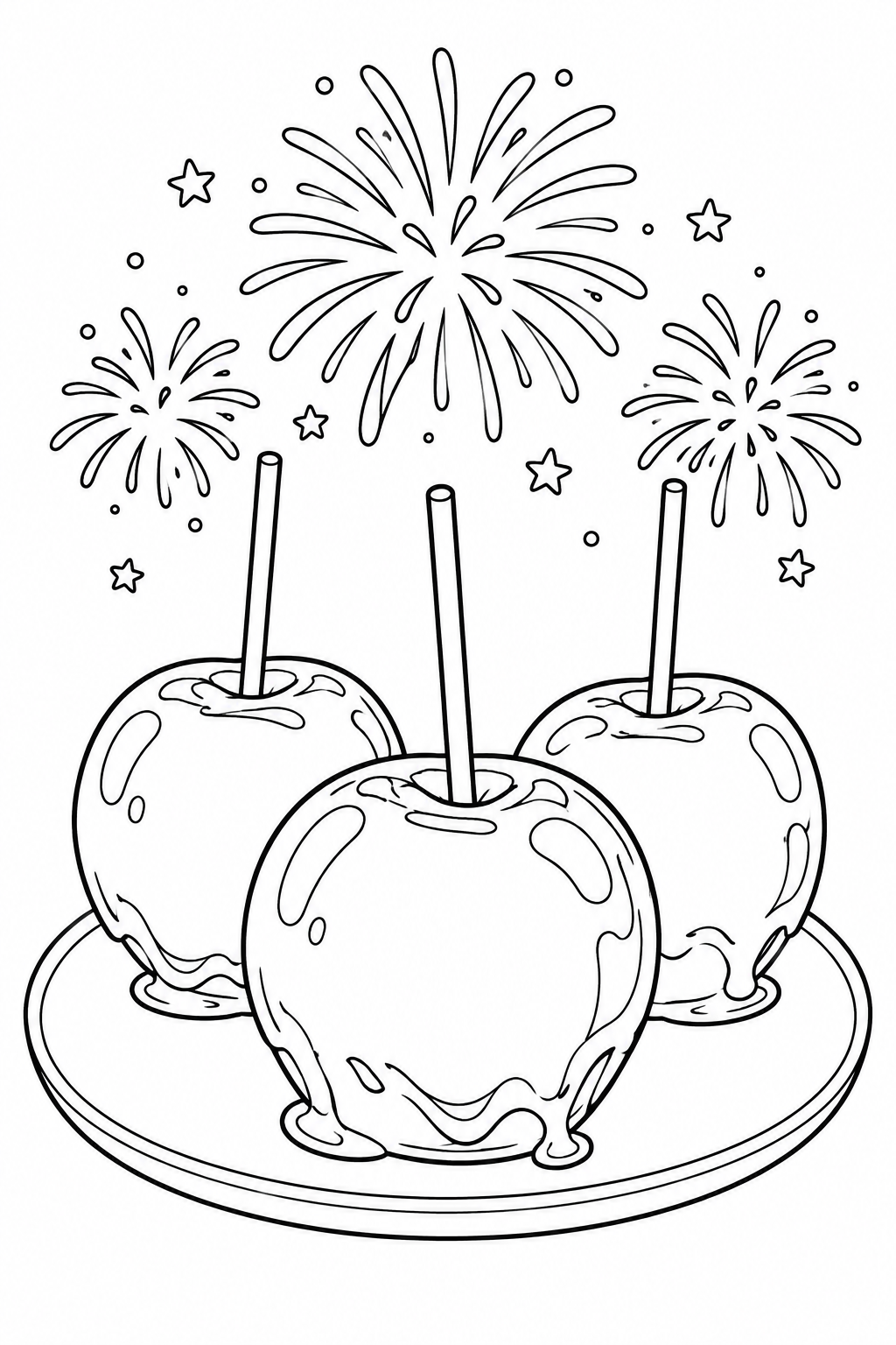 Desenho de Maçãs do amor numa noite de fogos de artifício para colorir