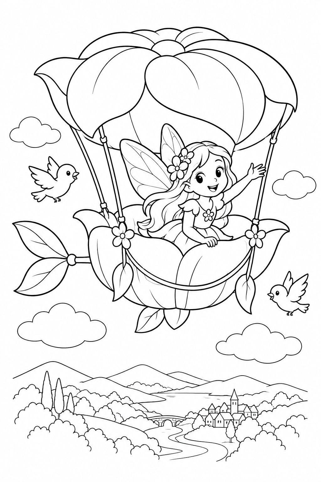 Dibujo de El hada de las flores en el dirigible de flores para colorear