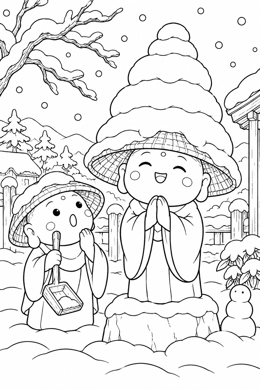かさじぞう・笠に積もった雪のケーキの塗り絵