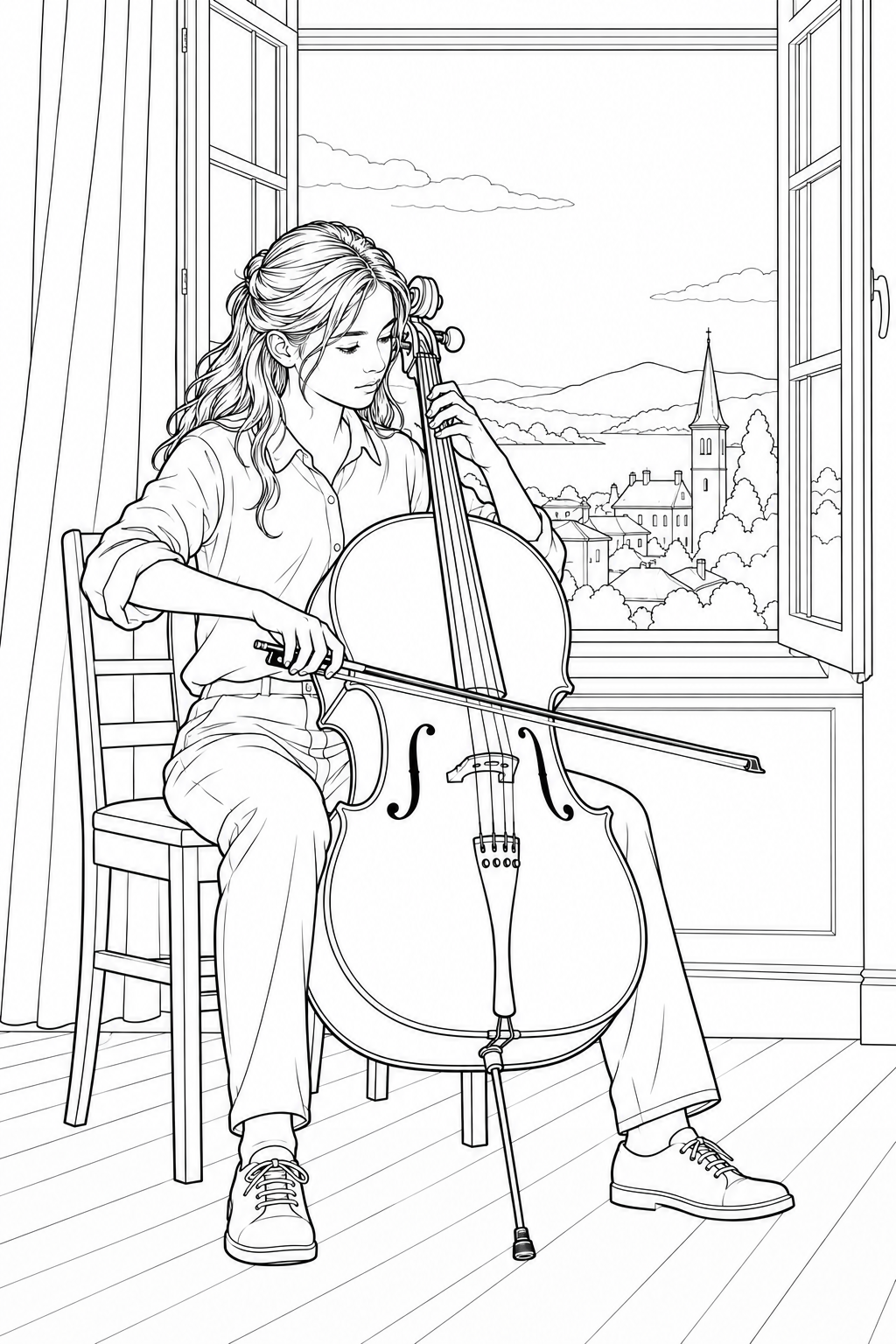 Coloriage Violoncelliste près de la fenêtre