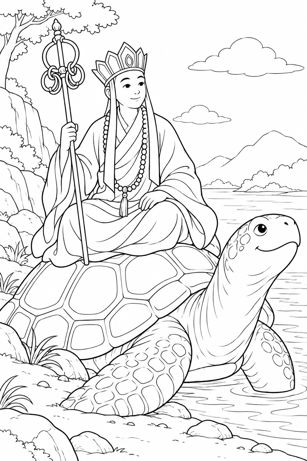 ほっこり西遊記：三蔵と大きな亀の塗り絵