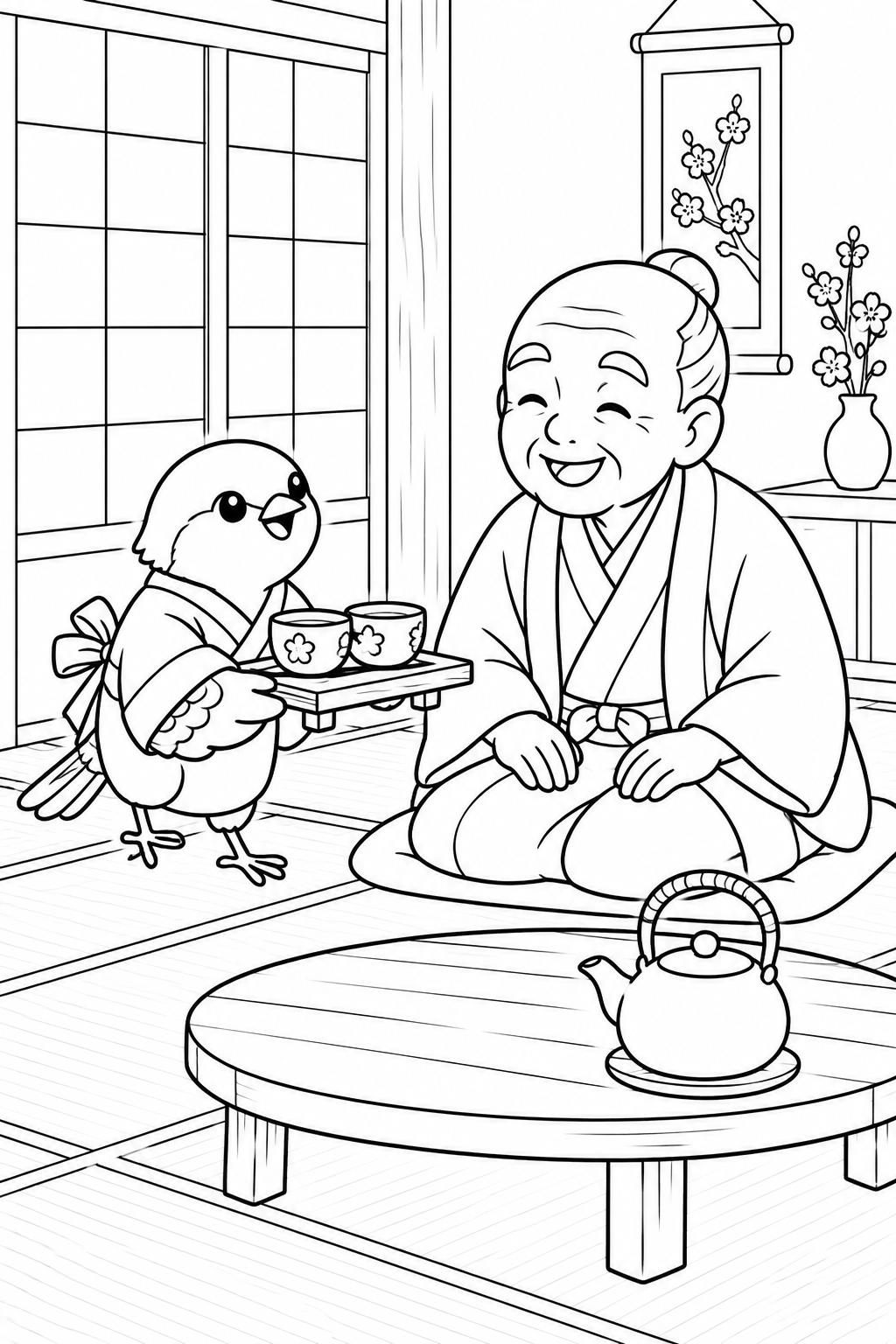 したきりすずめ：すずめのお茶のおもてなしの塗り絵