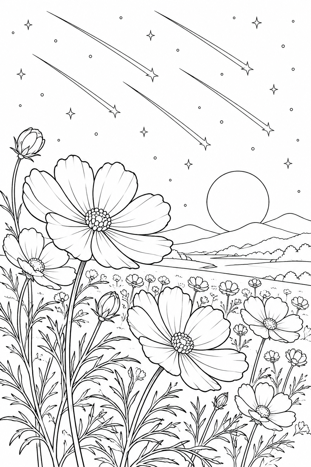 コスモスの花畑と流星群の塗り絵
