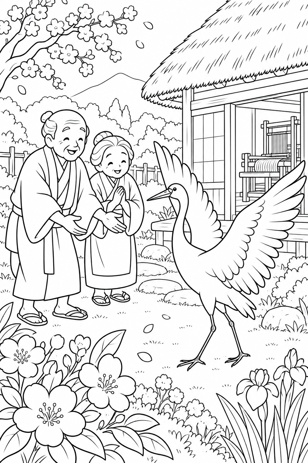 つるの恩返し:春の庭につるの訪問の塗り絵