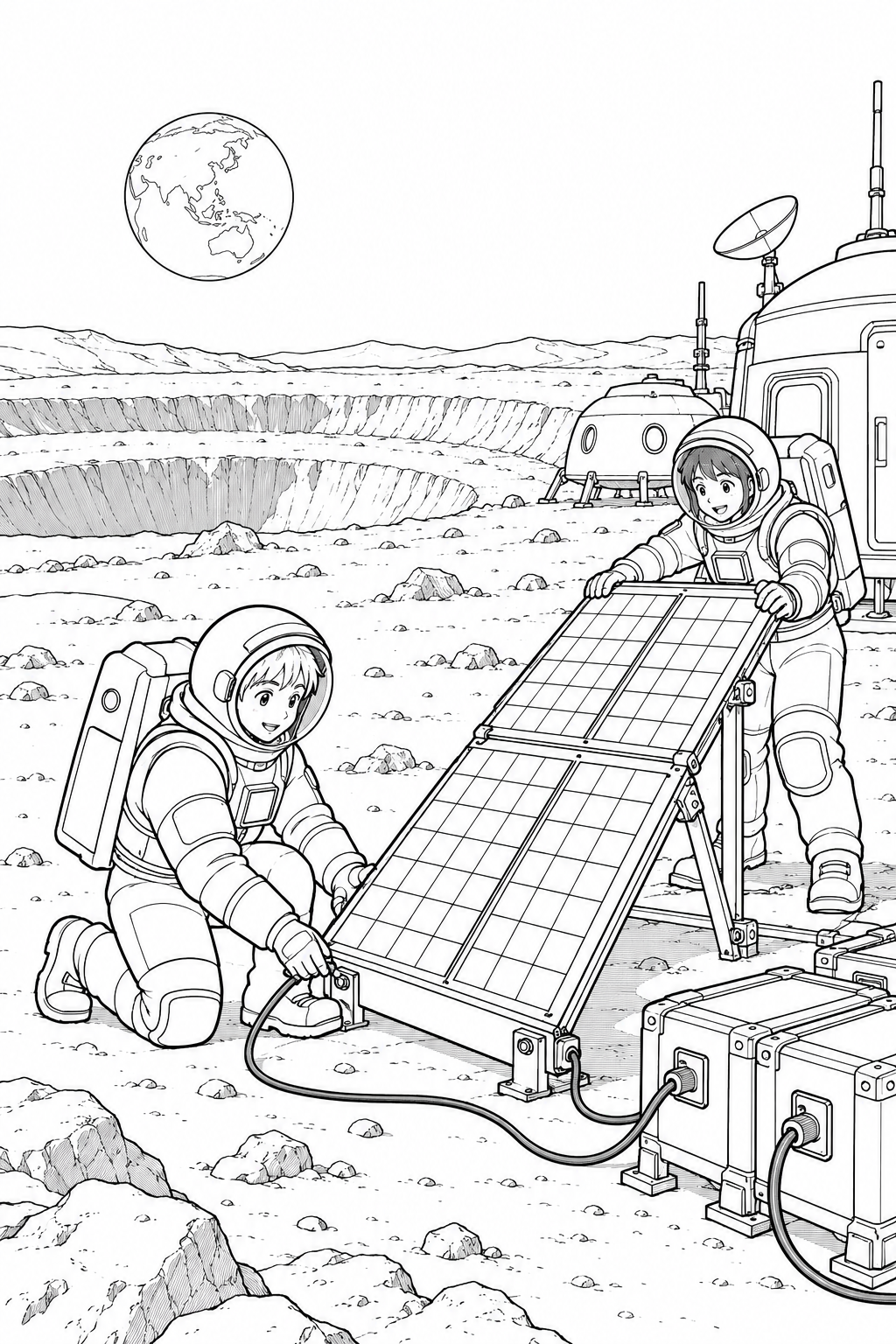 月のクレーター基地:太陽光パネルの設置の塗り絵