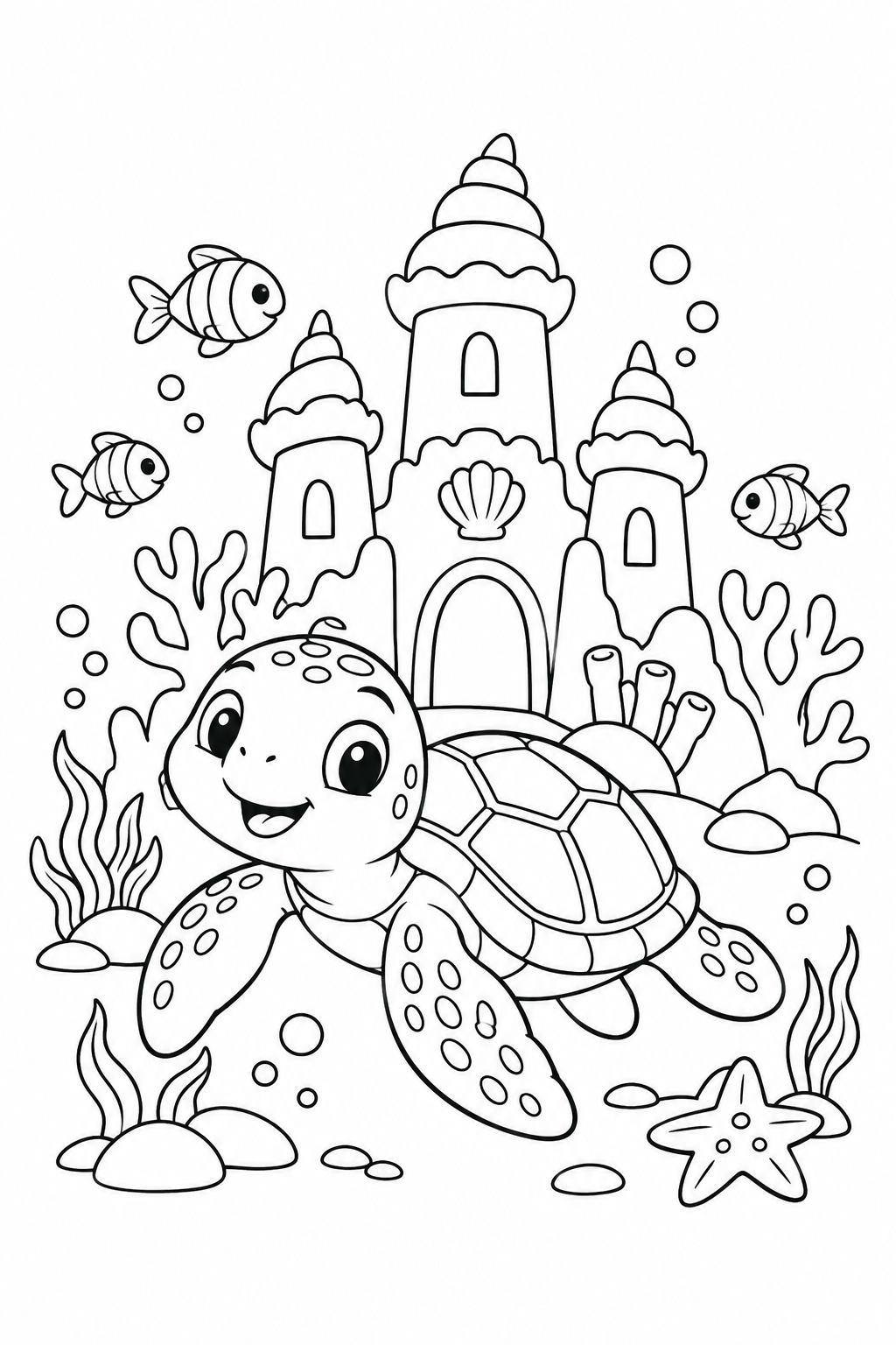 ウミガメとサンゴのお城の塗り絵