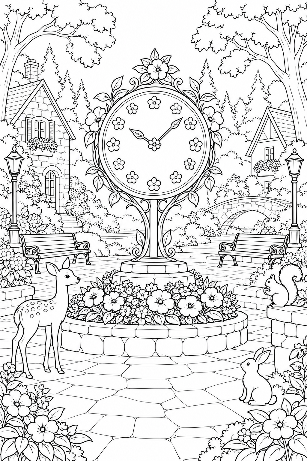 花の時計がある森の広場の塗り絵