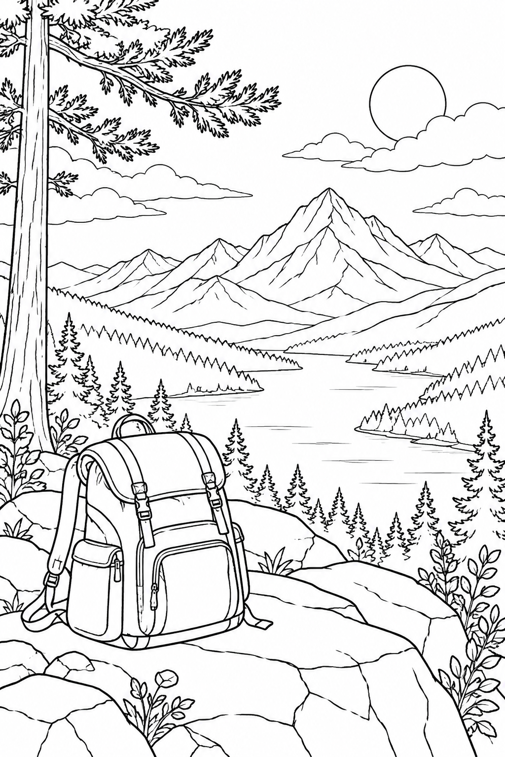 Dibujo de Mirador de montañas rocosas y mochila para colorear