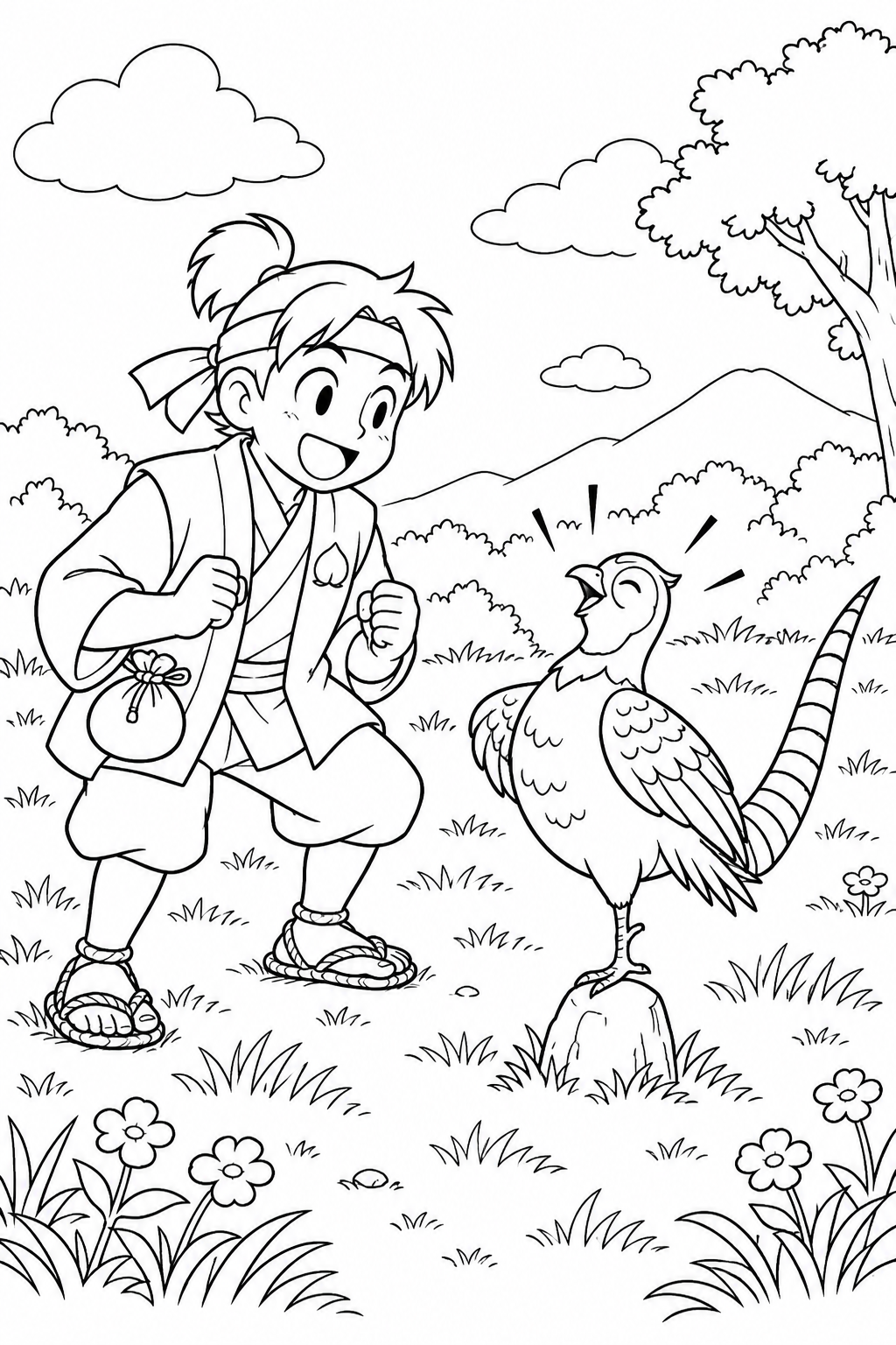 ギャグ桃太郎：桃太郎と雉の出会いの塗り絵