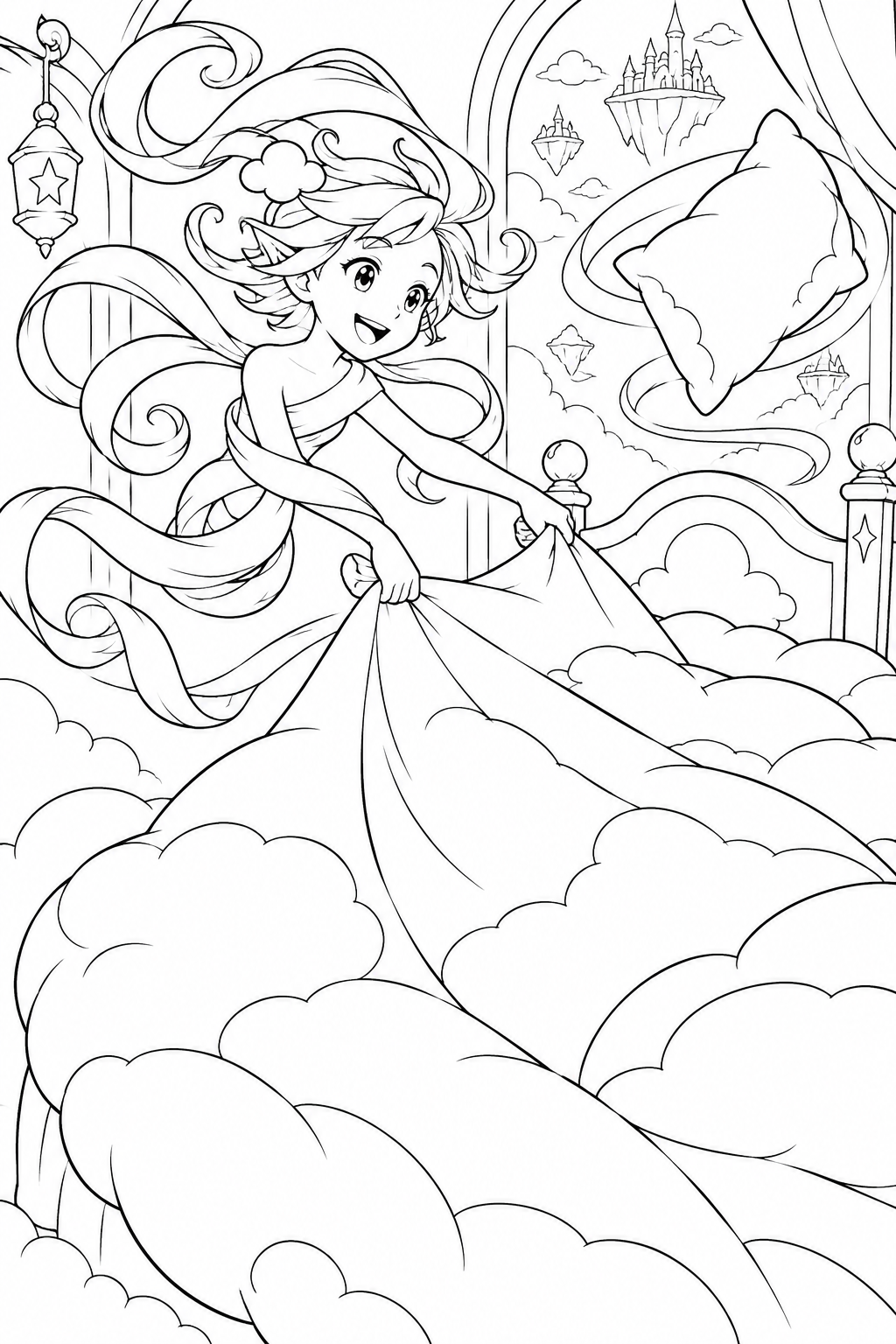 雲のベッドを整える風の精の塗り絵