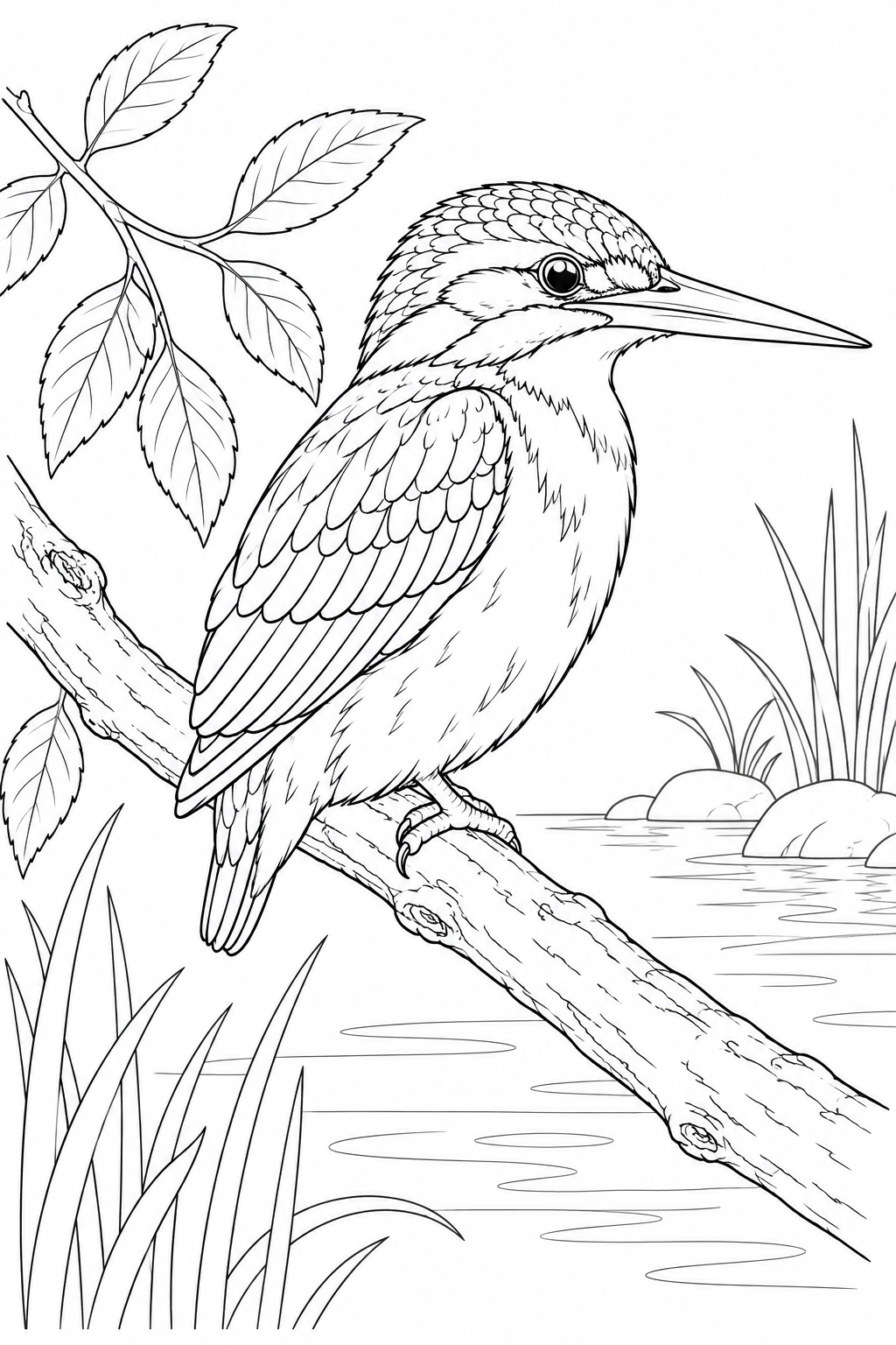 Dibujo de Estudio de naturaleza: Martín pescador y una rama junto al agua para colorear