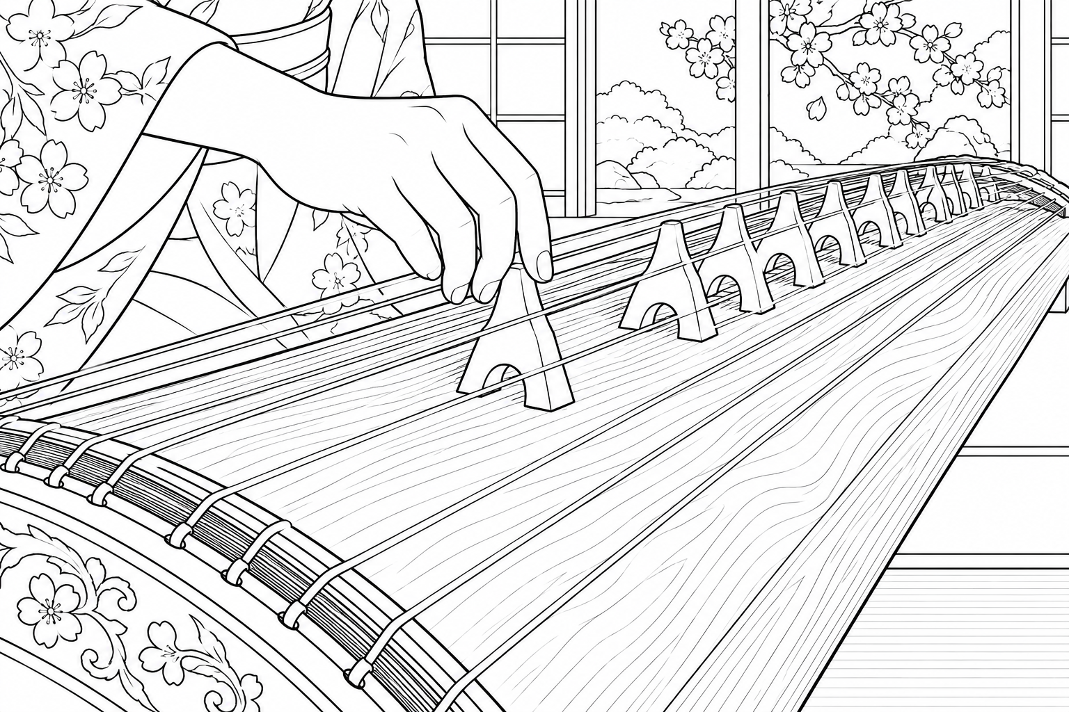 Dibujo de Manos colocando puentes de koto para colorear