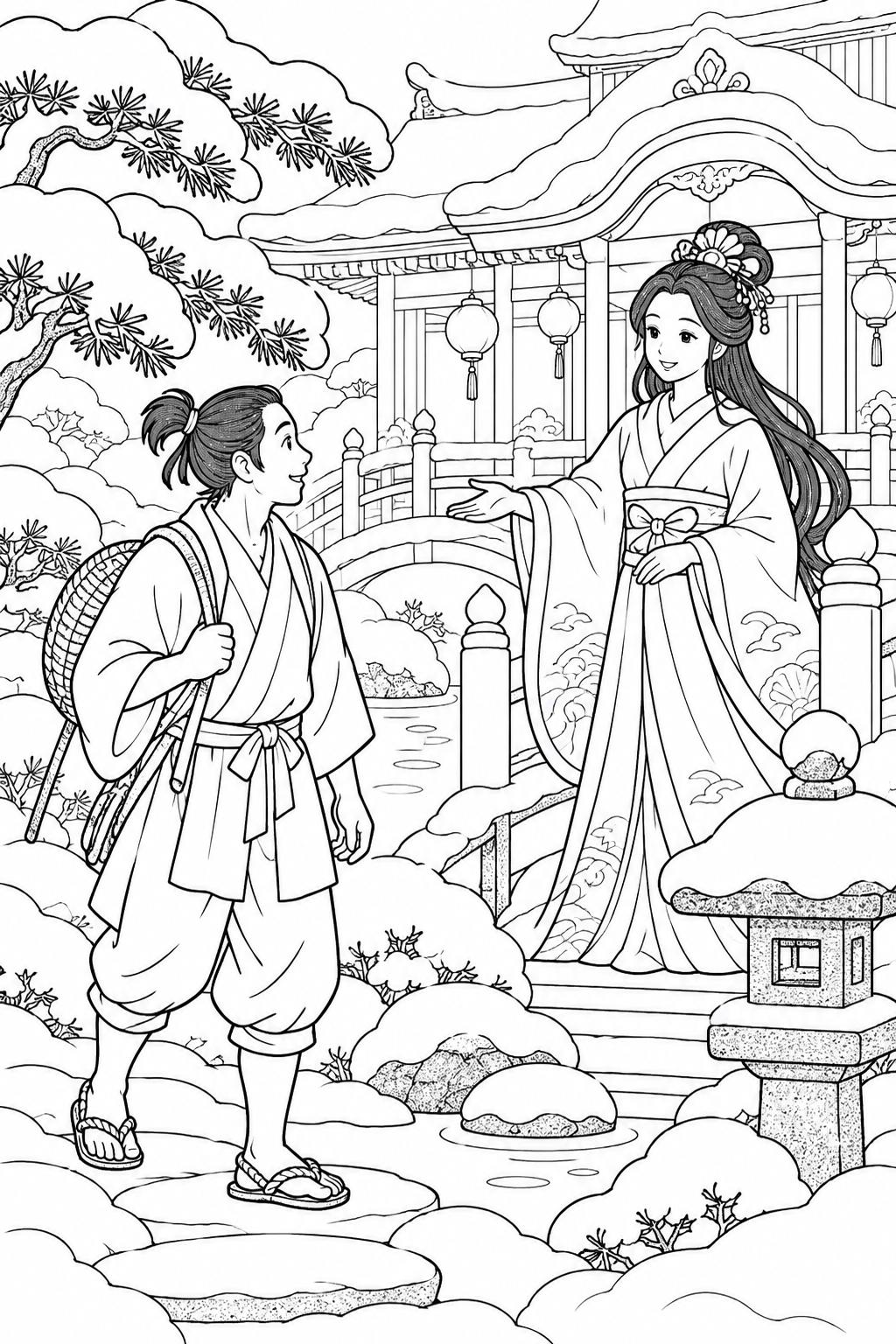浦島太郎:竜宮城の冬の庭(ほっこり)の塗り絵