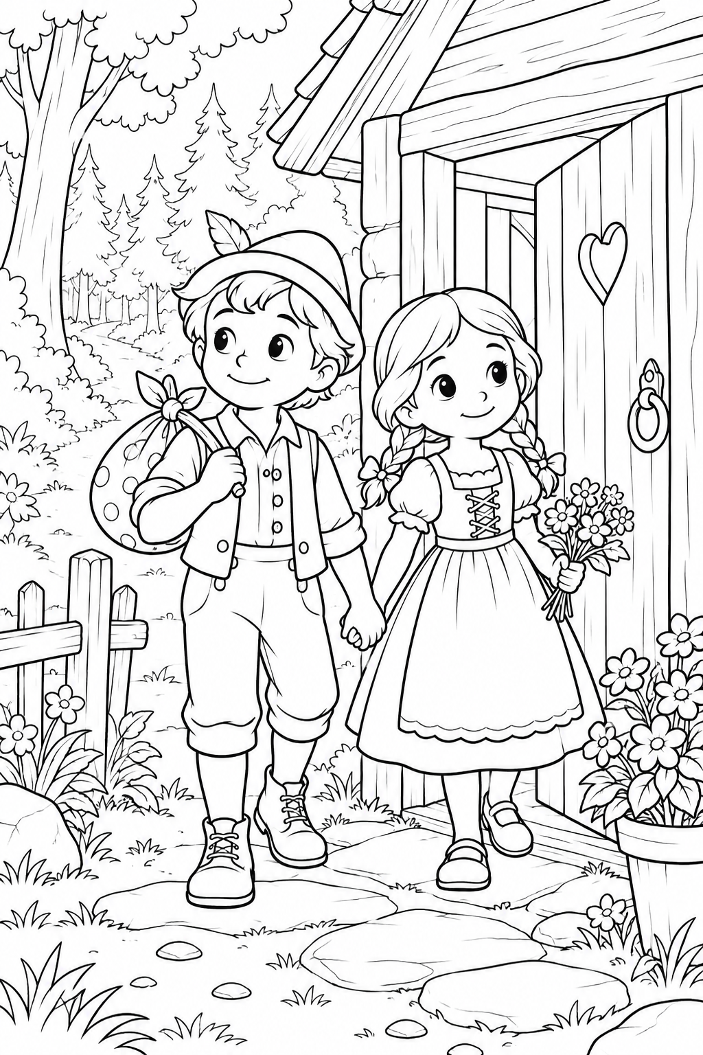 Hansel and Gretel：Leaving the forest cottage（Cozy） coloring page