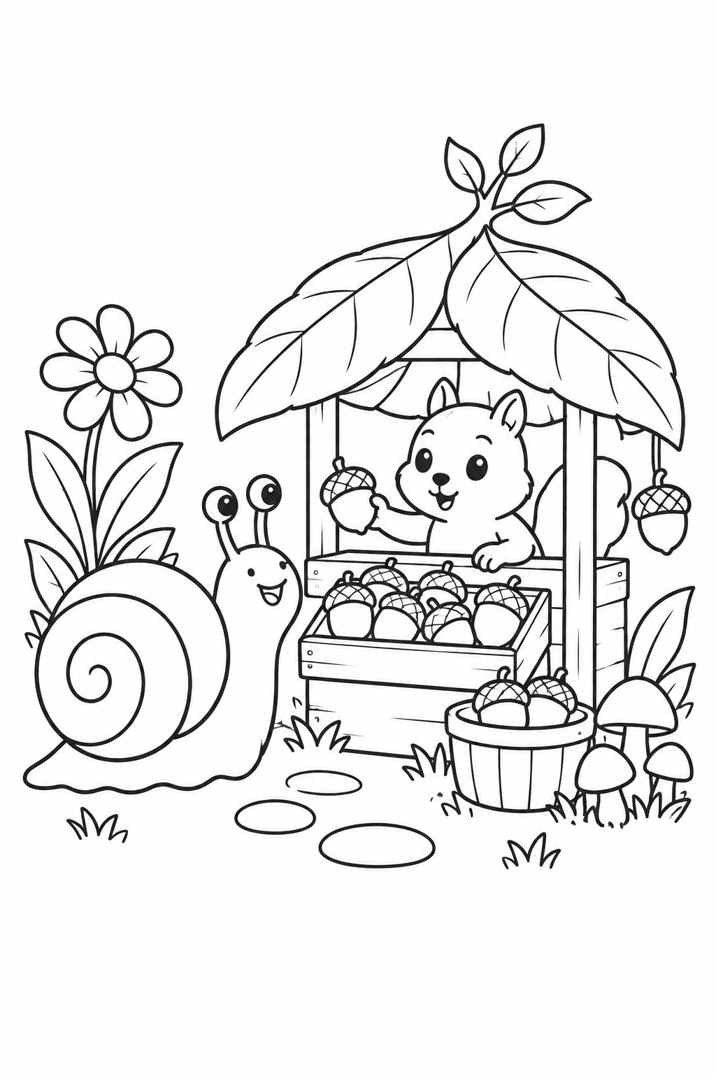 カタツムリとどんぐりの屋台の塗り絵