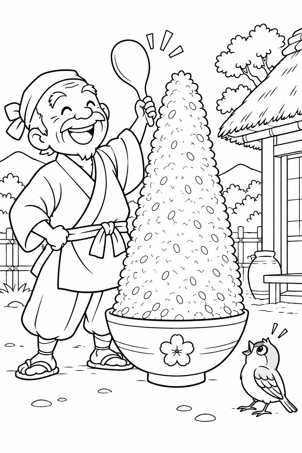 したきりすずめ:一粒のつもりが山盛りごはんの塗り絵