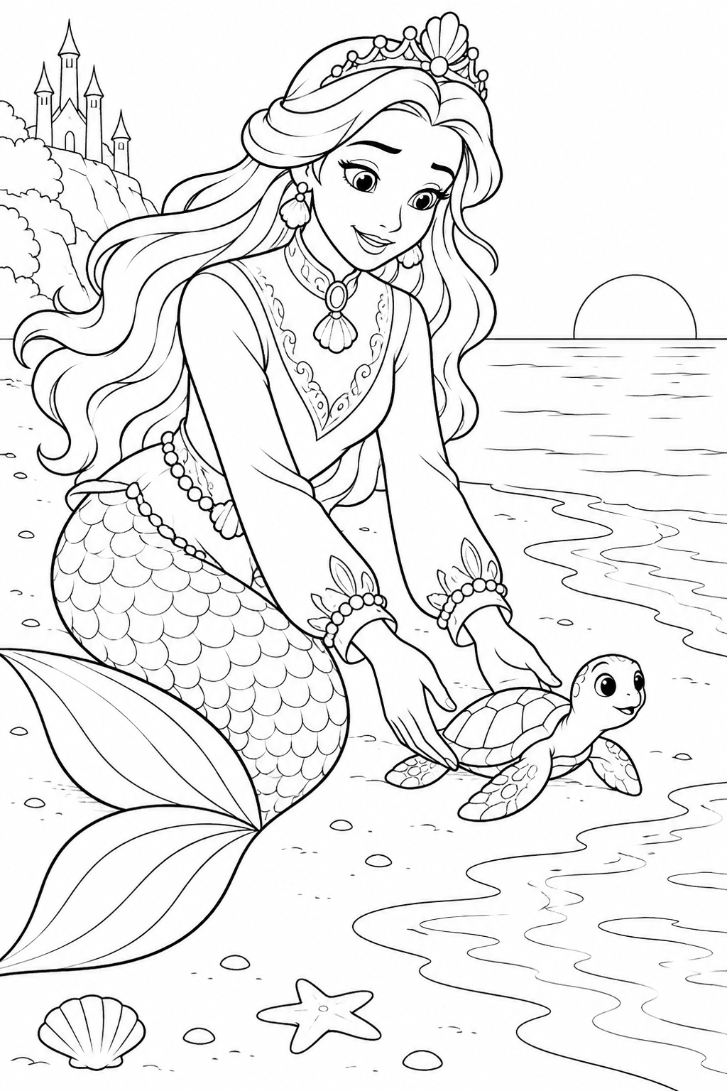 人魚姫：子ガメを海へご案内の塗り絵