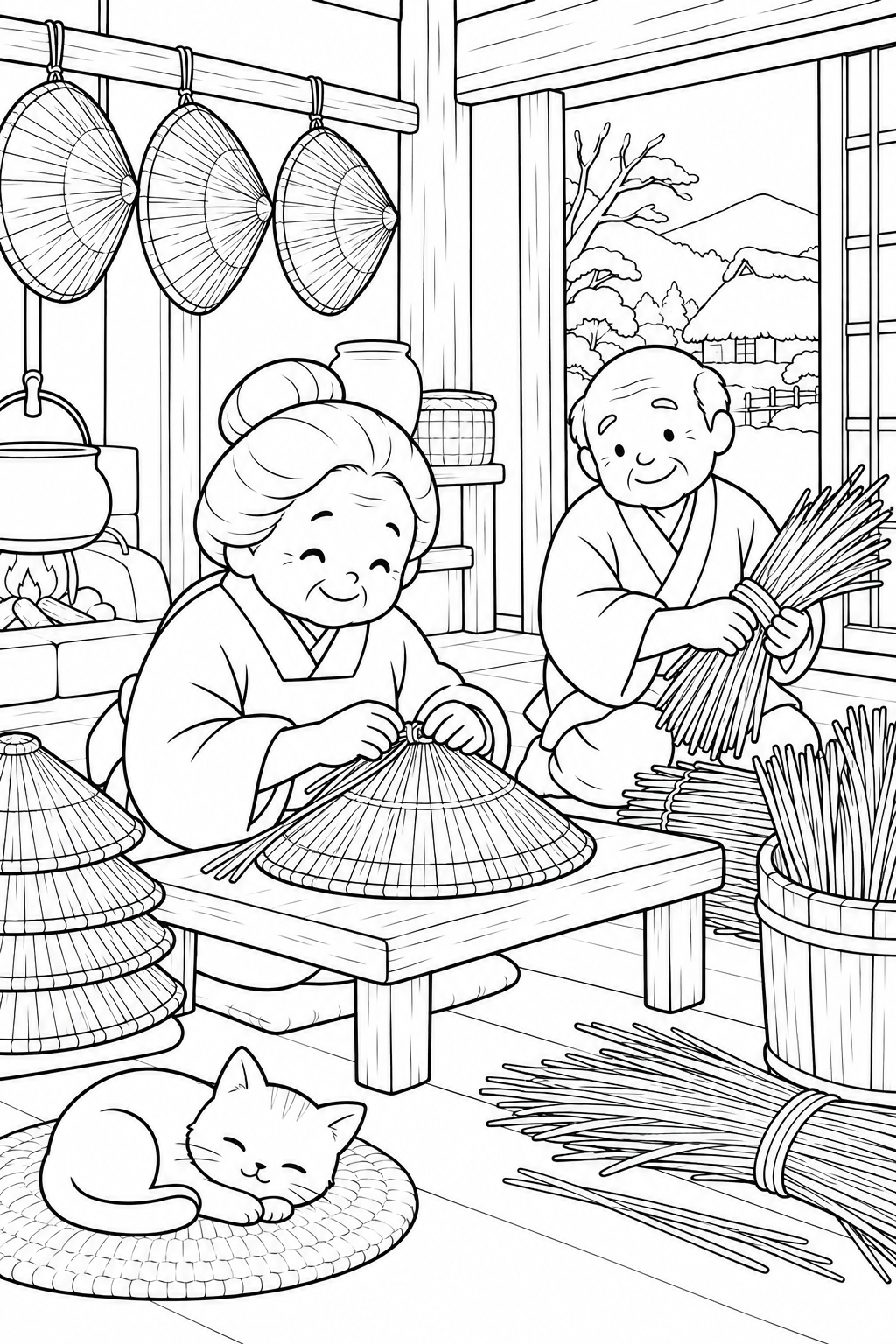 かさじぞう・おばあさんの笠づくりの塗り絵