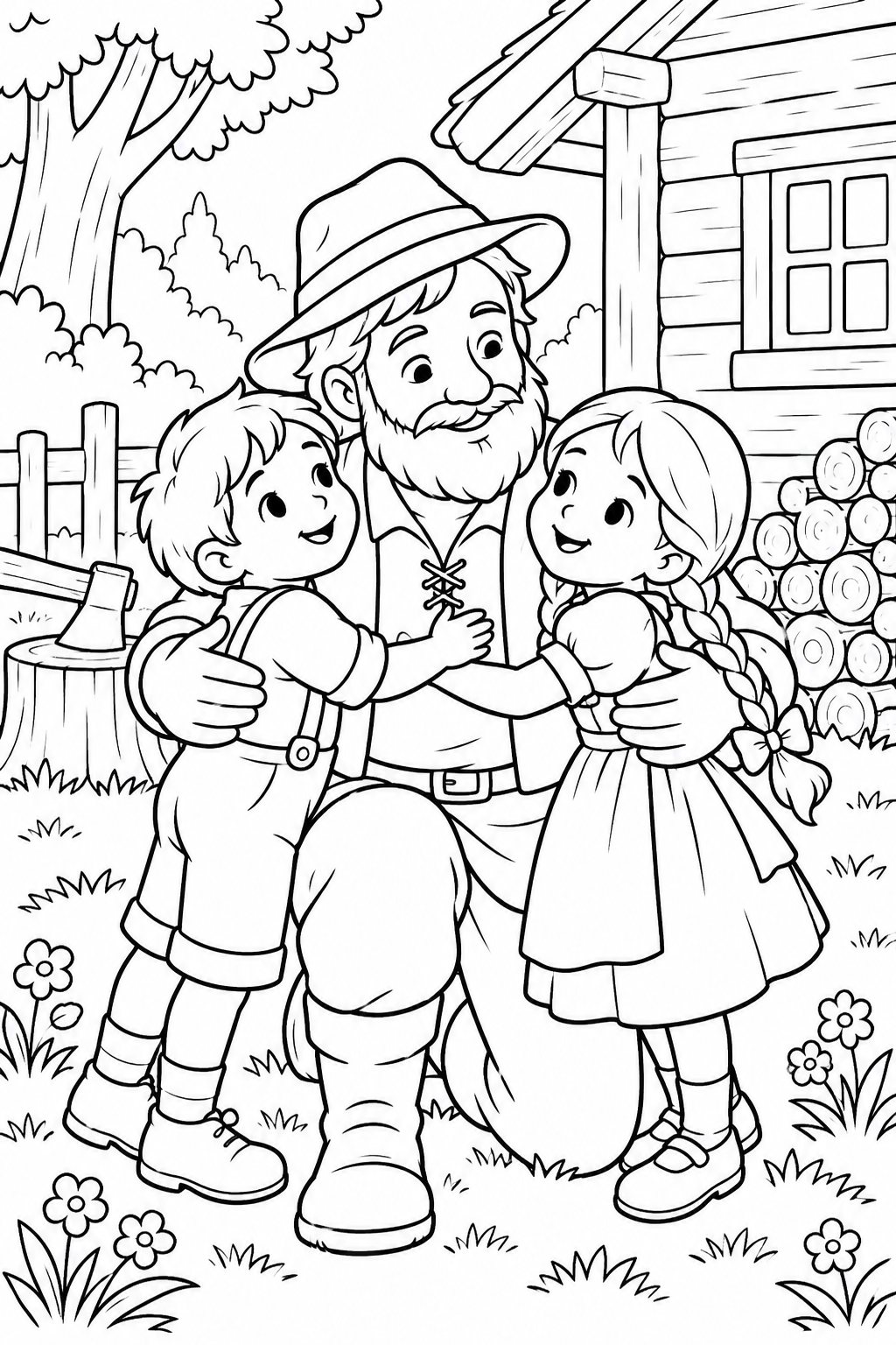Hansel and Gretel:Reunited with their father(Cozy) coloring page