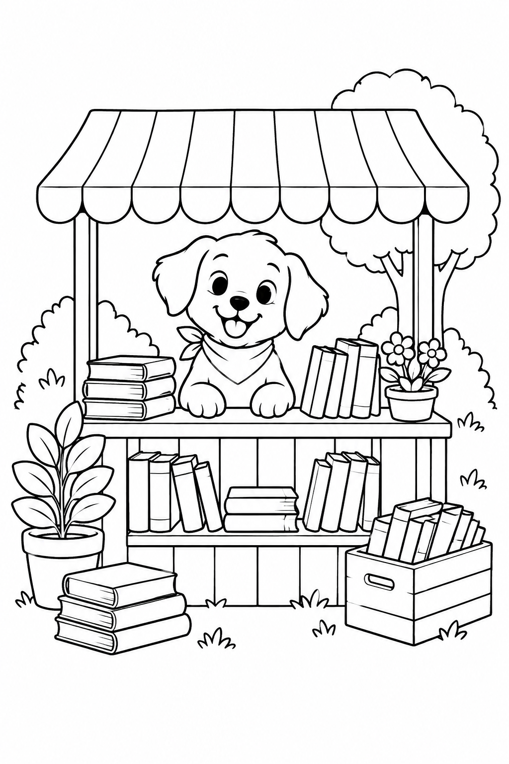 こいぬの本屋さんの屋台の塗り絵