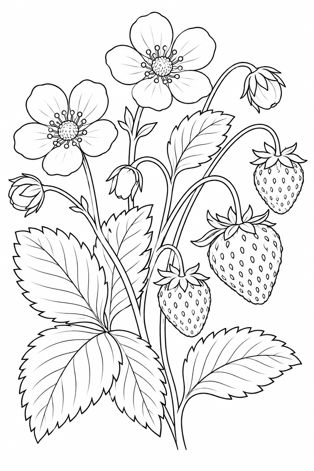 観察スケッチ:野いちごの花と実の塗り絵
