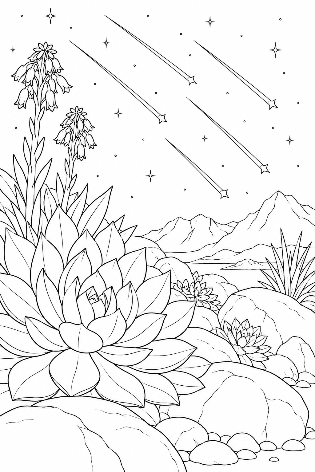 多肉植物の岩庭と流星群の塗り絵