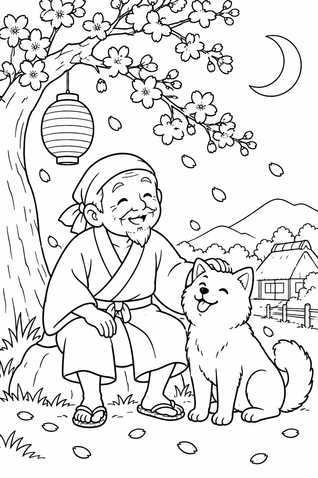 はなさかおじさん:月と提灯と夜桜(ほっこり)の塗り絵